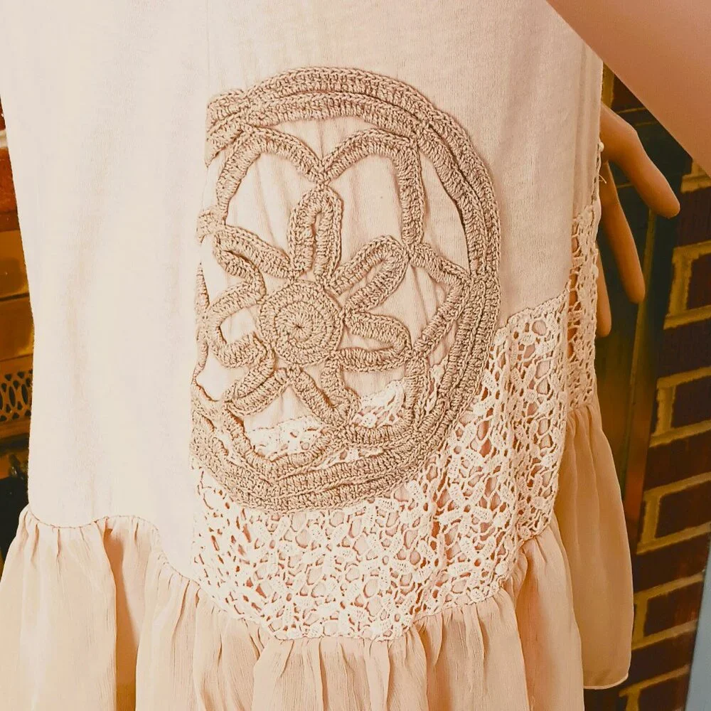 Blush Pink Crochet & Embroidered Dress 10 Girl's Ribbon Flowers Sheer Ruffle Hem